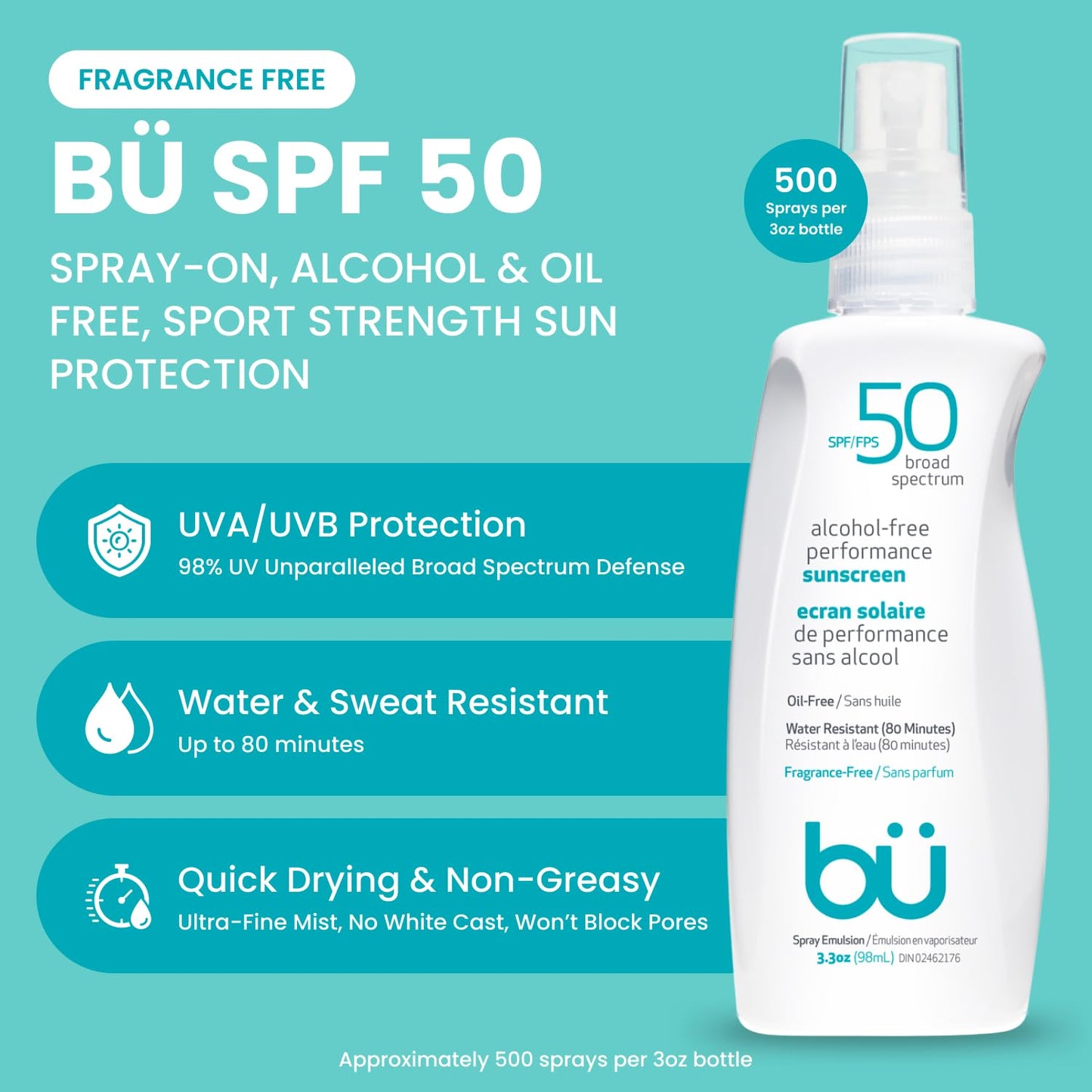 BU SPF 50 Sunscreen Spray for Face and Body, Fragrance Free, Clear Non Aeorsol, Non Greasy and Water Resistant (3-pack)