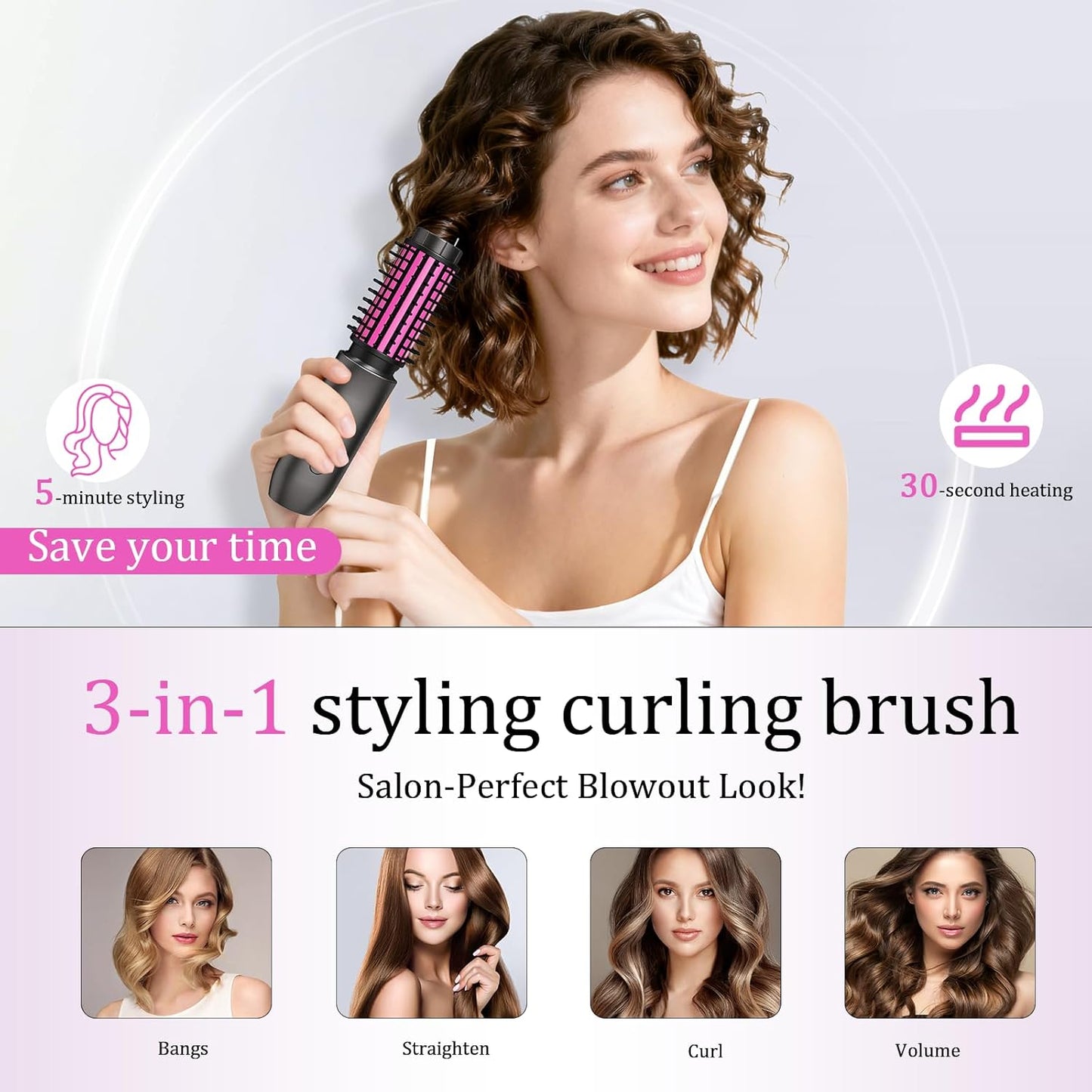 Cordless Curling Iron, Portable Hair Straightening, Cordless Hair Curler Anti-Frizz with Negative Ions, 3-in-1 Crimper Hair Tool, Rechargeable Wave Curling Wand - Rose Grey
