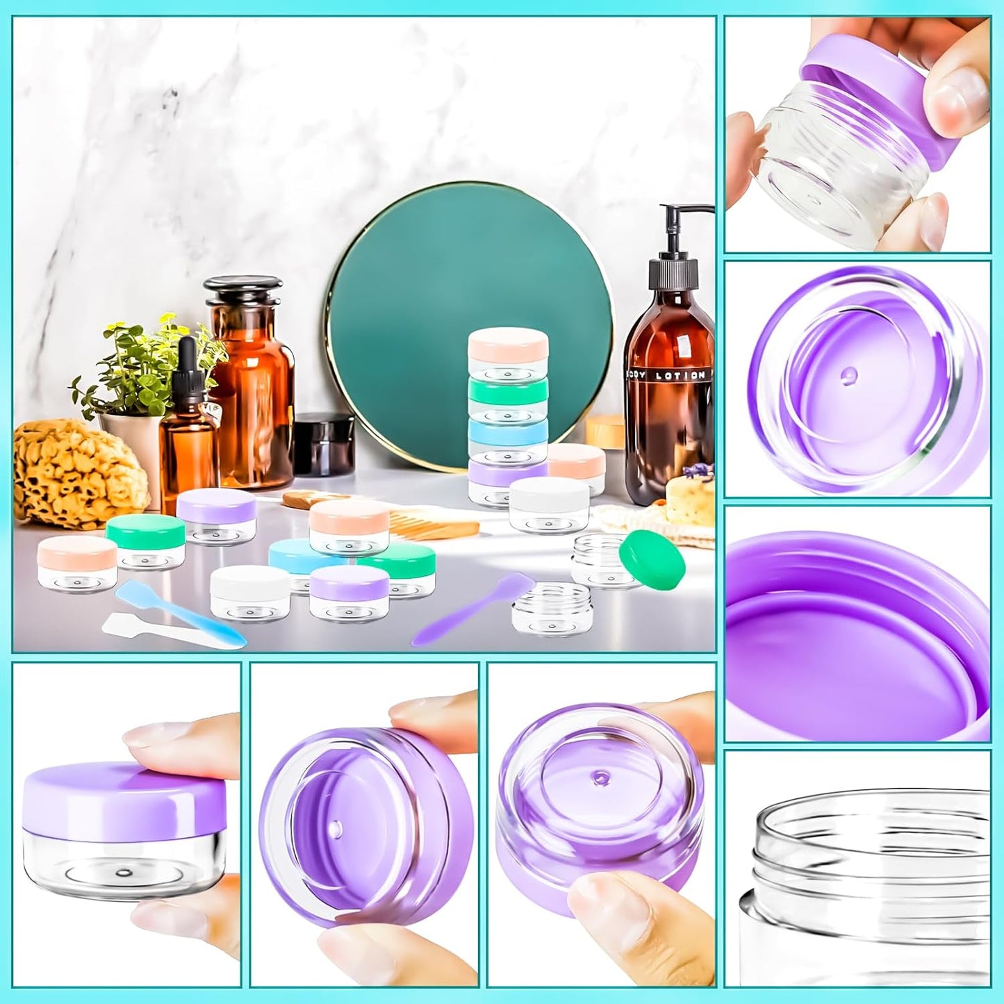 MotBach 50PCS 10g Empty Sample Containers with Colored Lids,Refillable Makeup Sample Containers, Small Sample Pot Jars Travel Makeup Containers with Mini Spatulas for Liquid Powder Creams Lotions