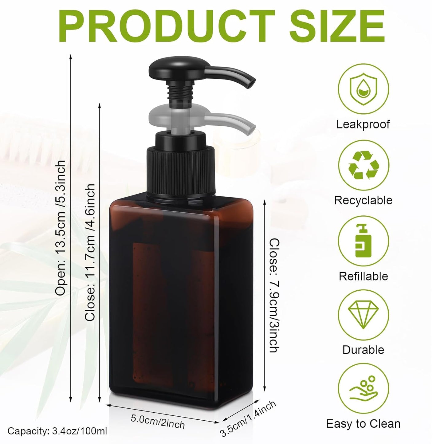 Domensi 12 Pcs 100ml /3.4 oz Pump Bottle Mini Travel Bottles Small Dispenser Containers Plastic Pump Lotion Dispenser Empty Square Travel Size Containers Toiletries (Brown)