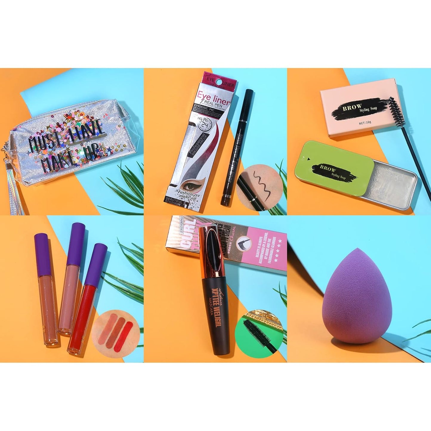 All in One Makeup Set For Women Full Kit - 12 Colors Eyeshadow Palette, Black Mascara Eyeliner Pen, 3pcs Matte Liquid Lipstick, Eyebrow Soap Gel Kit, 12 pcs Brushes & Sponge with Makeup Bag Gift Set