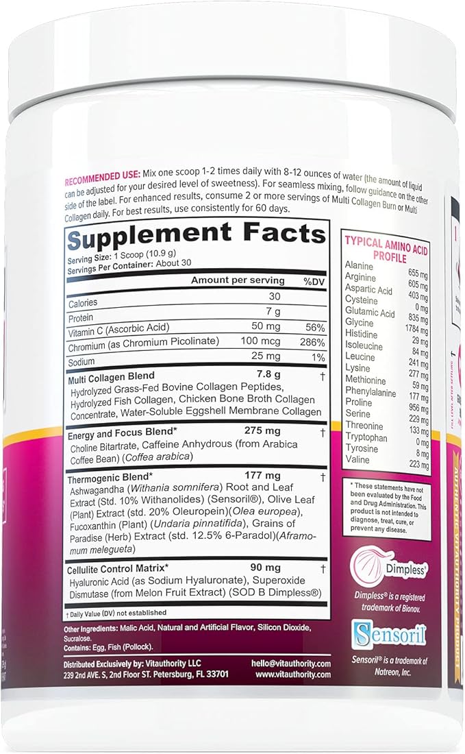 Multi Collagen Burn: MultiType Hydrolyzed Protein Peptides with Hyaluronic Acid, Vitamin C, SOD B Dimpless, Types I, II, III, V and X, with Caffeine 30 Servings Tropical Punch Flavored