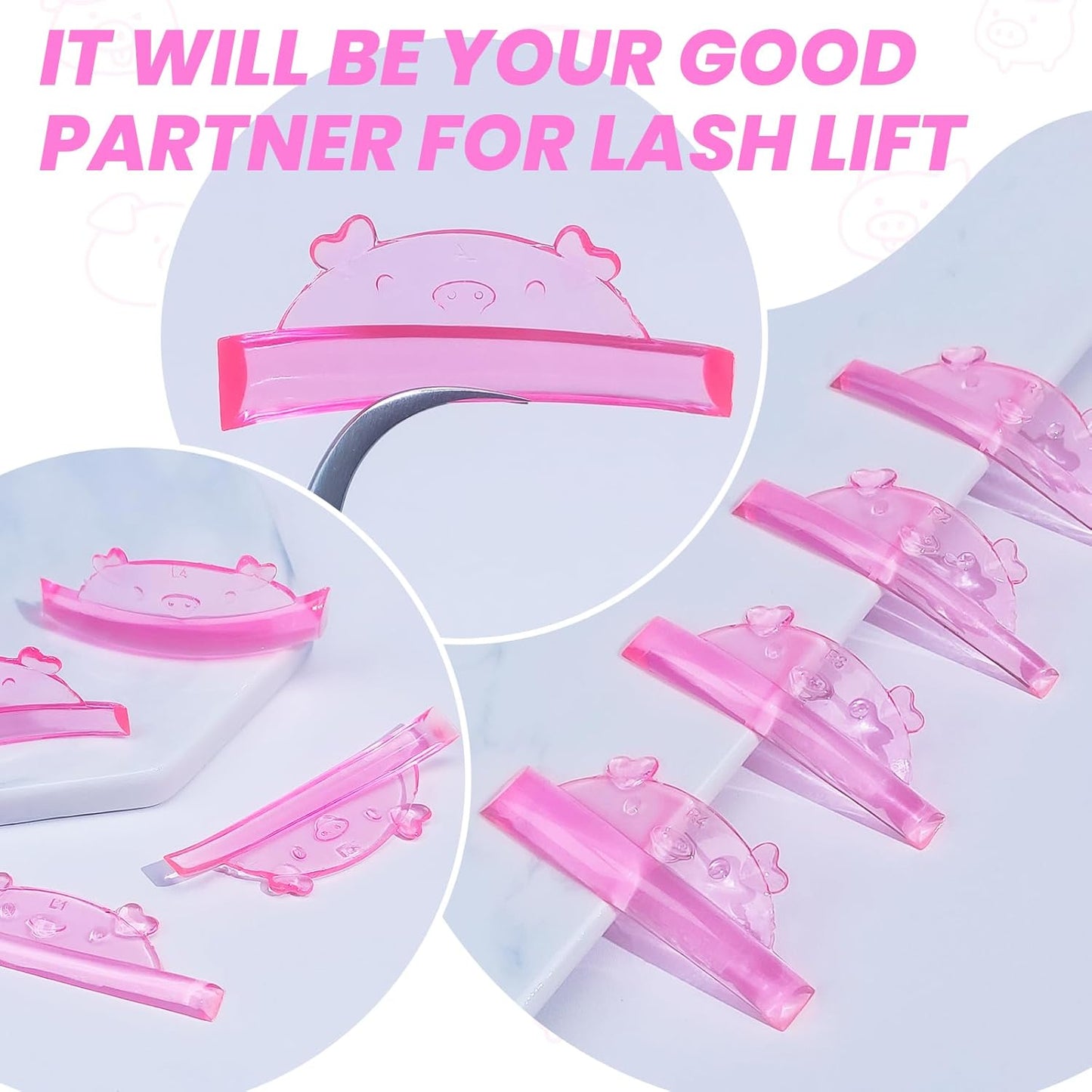 Libeauty Cute Lash Lift Rods, 4 Sizes Eyelash Shields, Reusable Soft Silicone Pads for Eyelash Curling & Lifting, Pink Piggy Shape