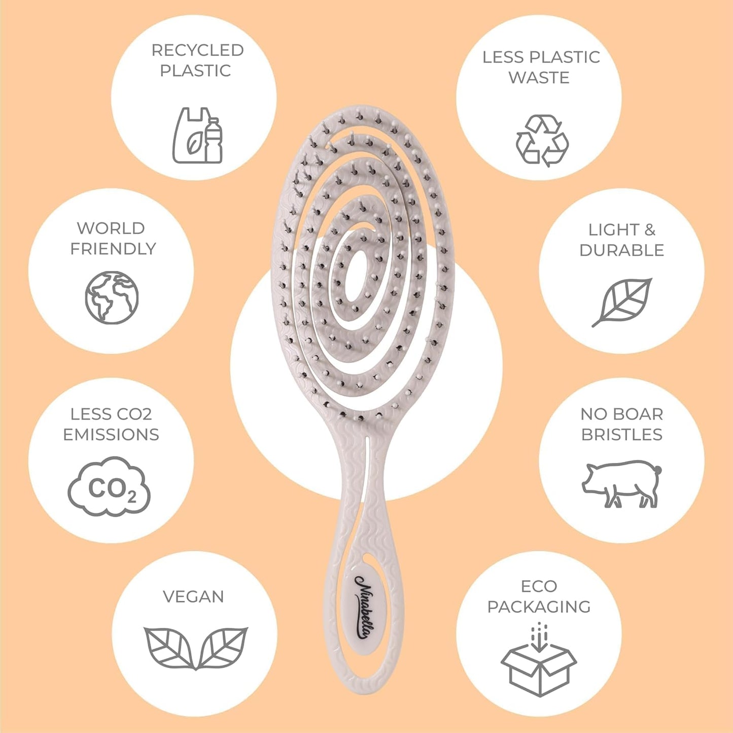 Ninabella Mini Spiral Brush - Hair Brush Detangler for Women - Pro Shower for Curly or Thick Hair - Small Travel Detangling Vent Hairbrushes -Light Grey