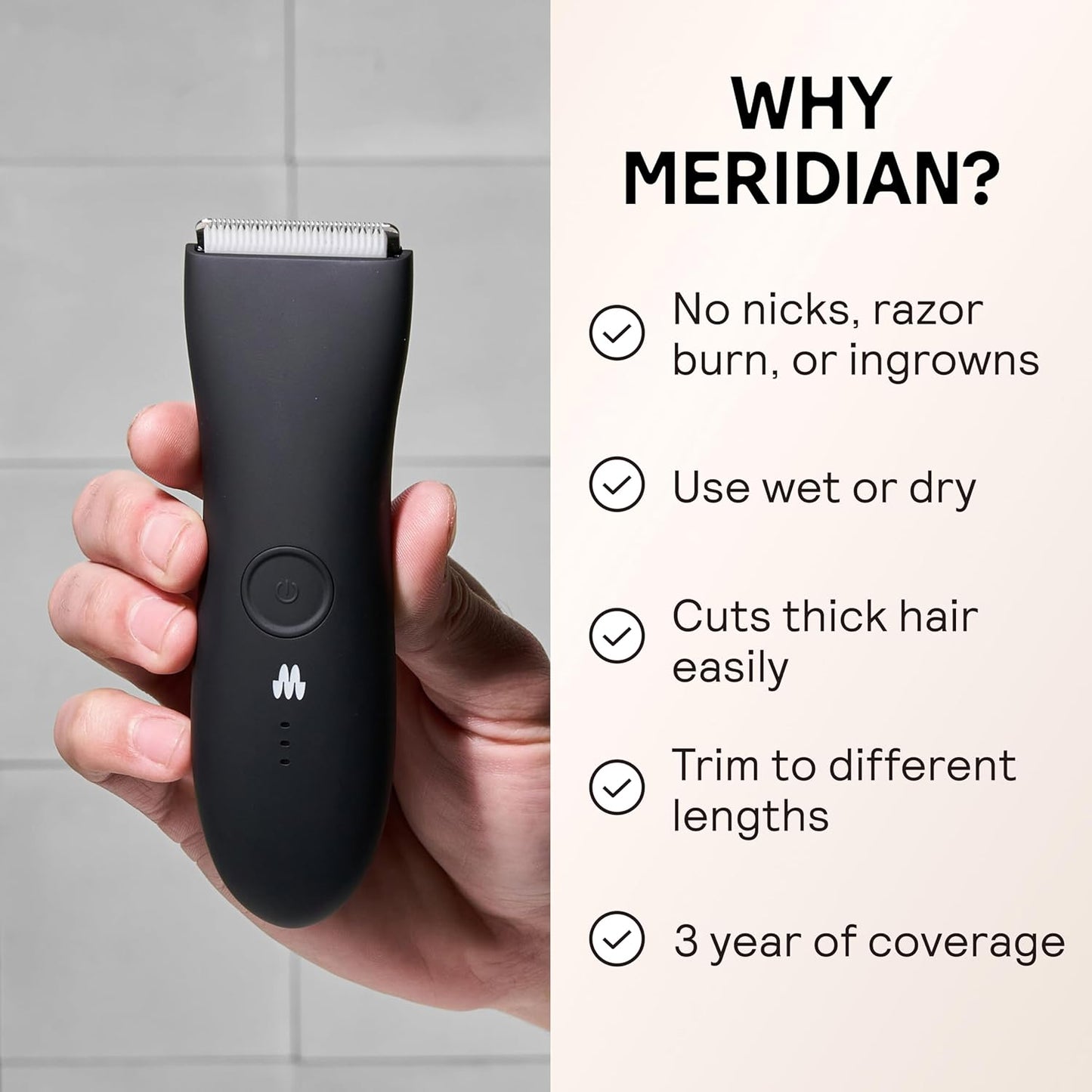 MERIDIAN The Trimmer Original - Body Hair Trimmer for Men, Electric Shaver for Pubic Hair, Chest, Legs & Bikini, Waterproof & Rechargeable, Onyx