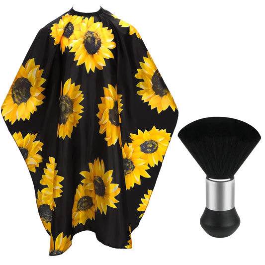 FEBSNOW Barber Cape Waterproof Professional Hair Cutting Cape Neck Duster Brush for Haircut Black Sunflower Salon Beard Hairdressing Kits 46.8 × 56 Inches