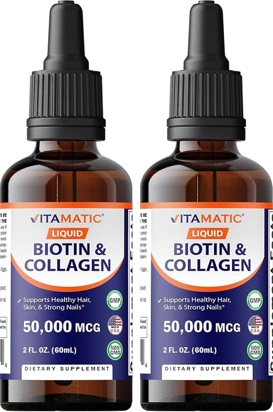 Vitamatic 2 Packs Liquid Biotin & Collagen for Hair Growth - Women & Men – Supports Glowing Skin, Healthy Hair & Nail Growth (2Fl Oz)