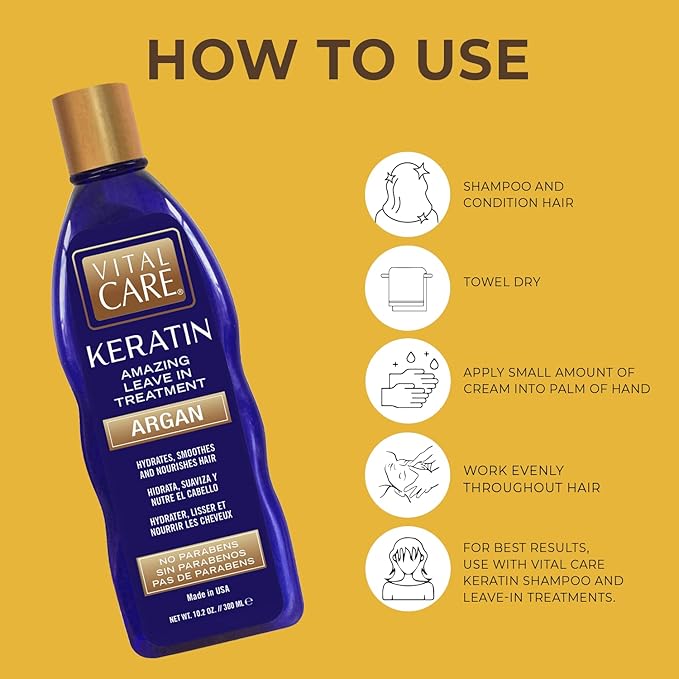 Vital Care Keratin Amazing Leave-In Treatment Argan - Gentle Keratin Complex Hair Treatment is Non-Stripping for Daily Use, Hydrating & Repairing - Abyssinian, Avocado & Sunflower Seed Oil