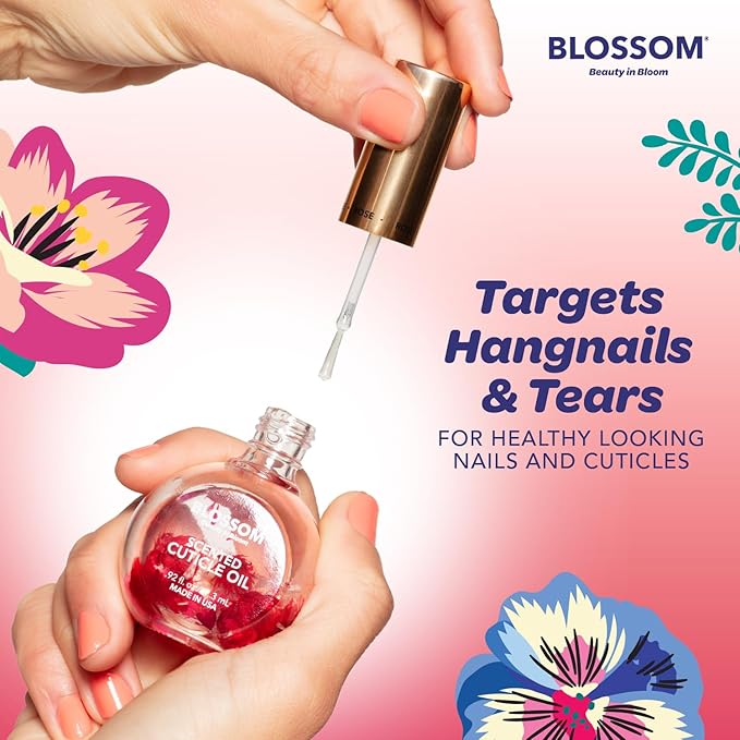 Blossom Hydrating, Moisturizing, Strengthening, Scented Cuticle Oil, Infused with Real Flowers, Made in USA, 2 Pack Bundle, Strawberry + Amazon Exclusive Raspberry