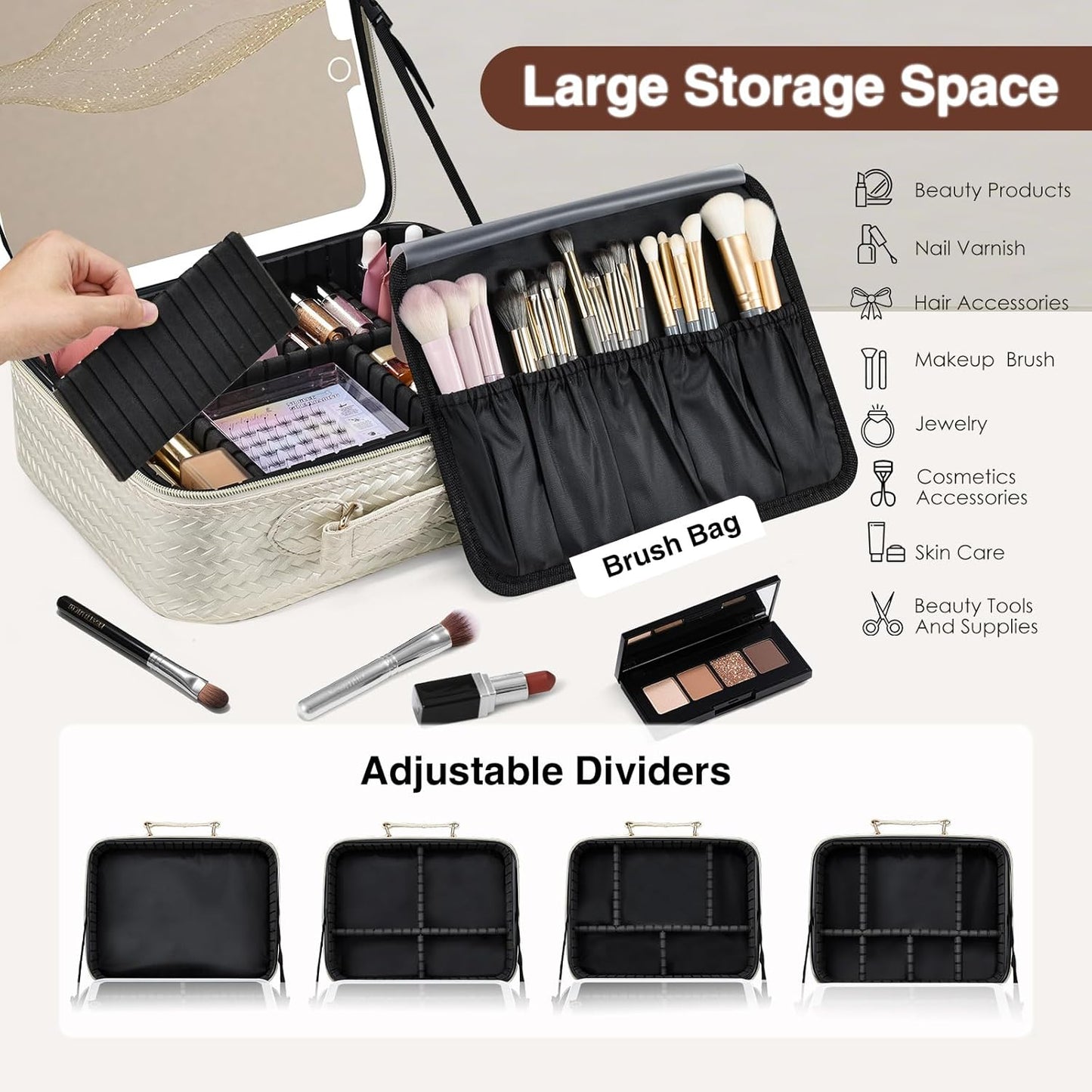 Makeup Bag with LED Lighted Mirror 12.2 IN Travel Makeup Bag Adjustable Brightness in 3 Colors Cosmetic Organizer Artist Storage Bag with Dividers Brush Holder Bag Vanity Beige