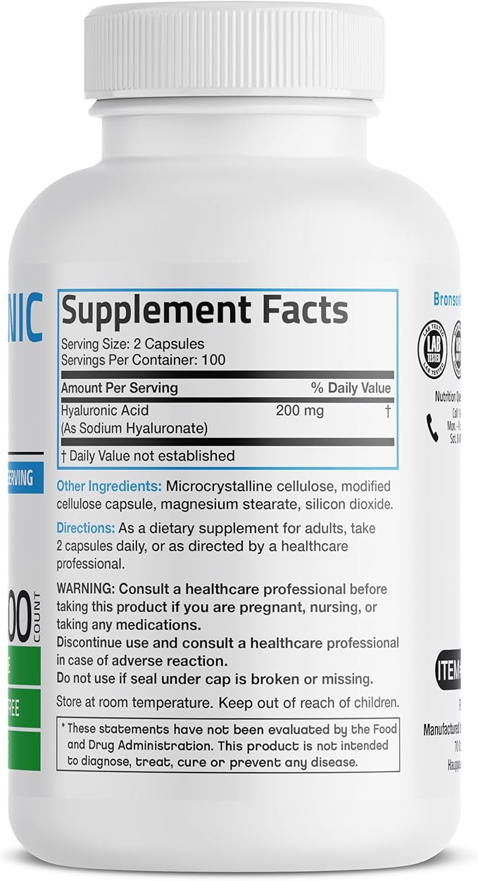 Bronson Hyaluronic Acid 200 MG High Potency Joint Health & Healthy Skin Support, Non-GMO, 200 Vegetarian Capsules