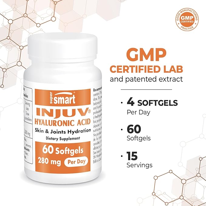 Supersmart - Injuv Hyaluronic Acid 280mg per Day (Highly Bioavailable) - Patented Hyaluronic Acid HA Supplement - Skin & Joints | Gluten Free - 60 Softgels