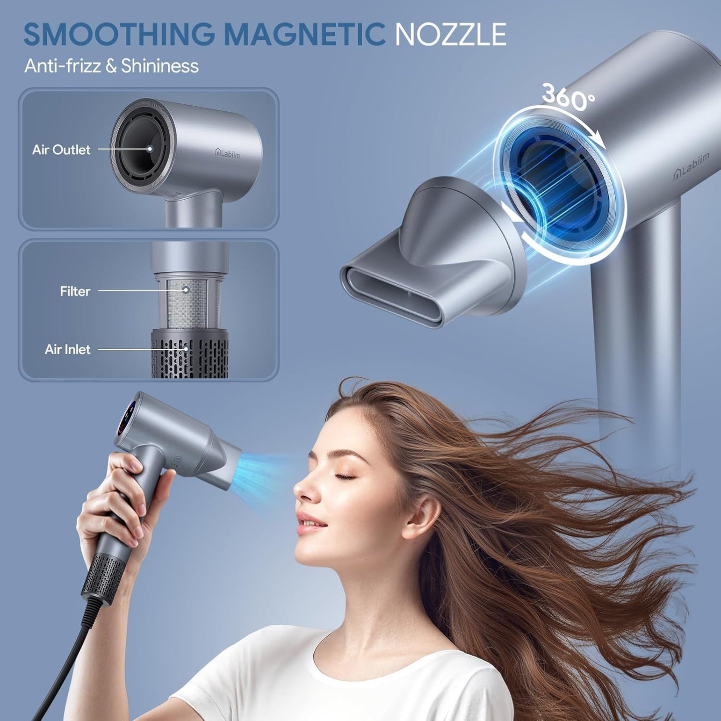 Hair Dryer, High-Speed Ionic Low Noise Blow Dryer with Brushless Motor for Fast Drying, Thermo-Control Quiet Compact Hair Blow Dryer, Hairdryer with 1 Nozzle Attachments for Home Salon Travel