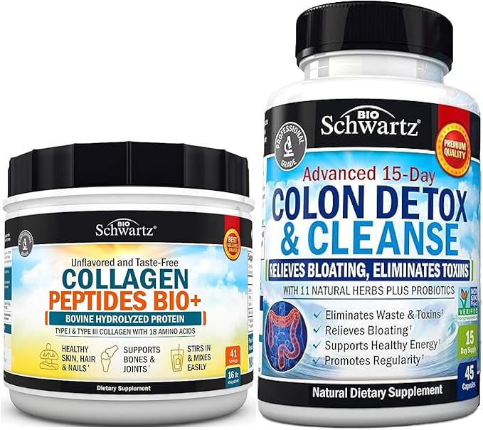 BioSchwartz 15 Day Cleanse for Colon and Gut Health Plus Hydrolyzed Collagen Peptides Powder (40+ Servings)