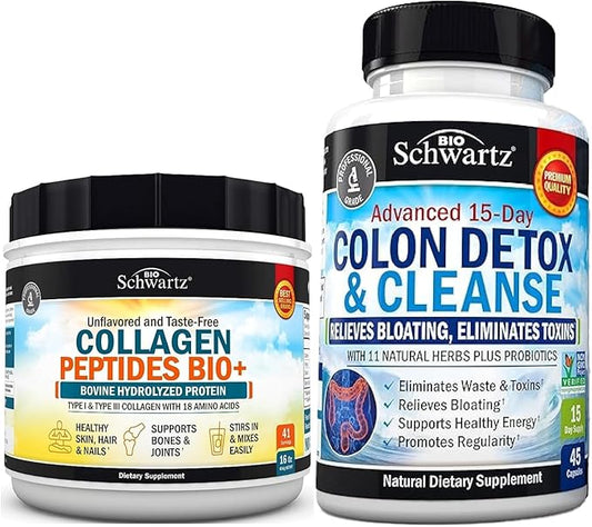 BioSchwartz 15 Day Cleanse for Colon and Gut Health Plus Hydrolyzed Collagen Peptides Powder (40+ Servings)