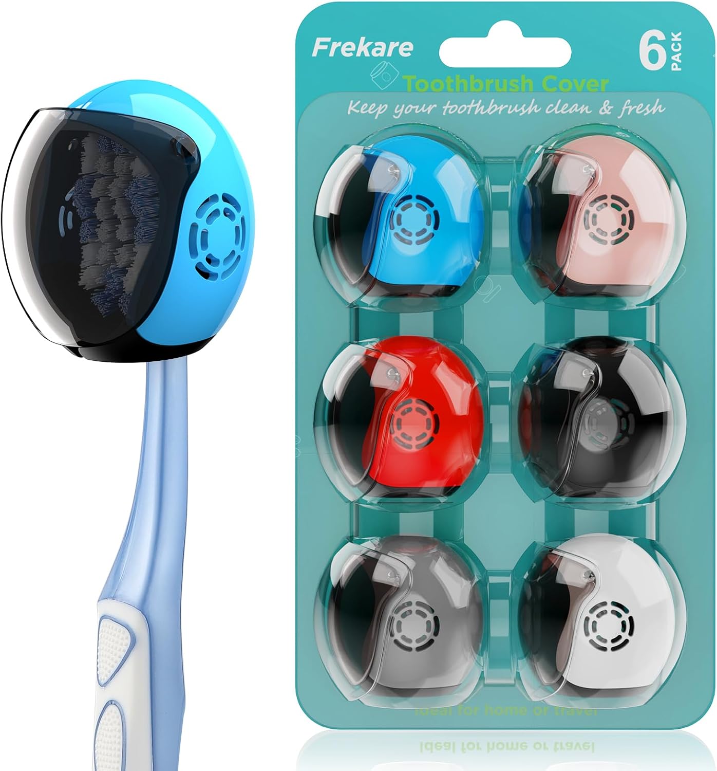 Helmet Toothbrush Covers Caps, Toothbrush Head Protector for Household Travel, Fits Most Manual and Electric Toothbrushes, 6 Count (Black, White, Grey, Blue, Pink, Red)