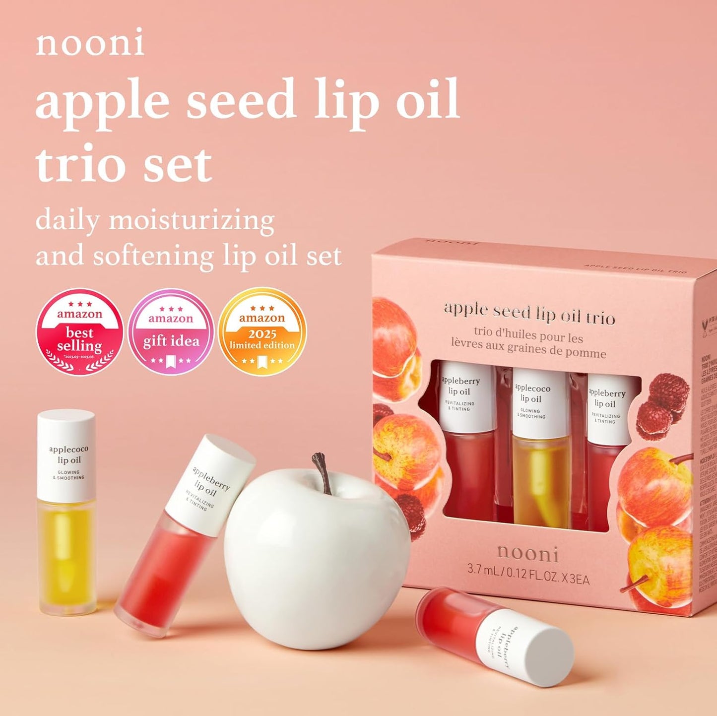 NOONI Korean Lip Oil Gift Set - Appleseed Lip Oil Trio, Tinted Lip Care, Hydrating, Lip Plumping, Long Lasting Moisture, Korean Vegan Makeup for Women, Travel Size, Mini Set, 0.12 Fl Oz x 3ea