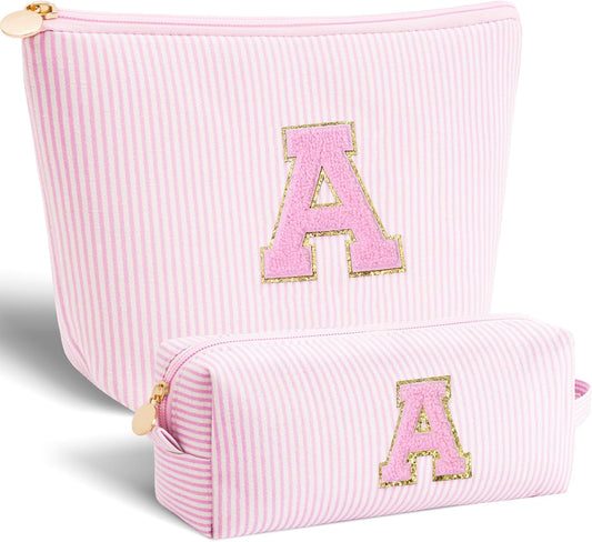 Makeup Bag Set Initials Cosmetic Bag,Birthday Teacher Graduation Gifts for 10 11 12 13 14 15 16 17 18 Years Old Girl,Teen Girls Gift Trendy Stuff Toiletry Bag Travel - Pink,A