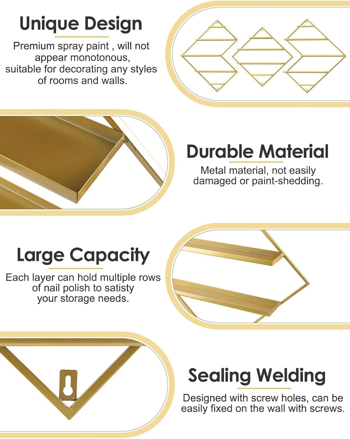 EBANKU Metal Wall Mounted Nail Polish Storage Racks, Gold Display Rack Cosmetic Display Case Lipstick Wall Shelf Essential Oil Organizer for Nail Polish Bottles Spa Nail Salon (Irregular Rhomboid)