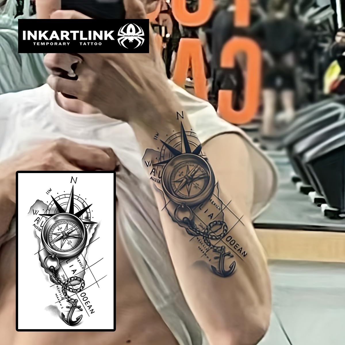 INKARTLINK Semi Permanent Tattoos, Temporary Tattoos, Adult Art Designs, Party Favors, Waterproof, Realistic, No Adhesive, No Reflective, Lasts 1-2 Weeks, Extra Large (Compass)