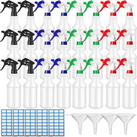 Zubebe 24 Pack 32 oz Plastic Spray Bottle Bulk Empty Leakproof Heavy Duty Spray Bottles for Cleaning Supplies Mist Bottles with Label and Adjustable Nozzle for Plant(Multicolor B,Clear Scale)