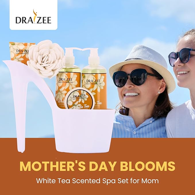 Draizee Mothers Day Gifts for Mom-Spa Gift Baskets for Women-6 Pcs Luxury White Tea Scented Heel Shoe Design Bath and Body Spa Set, Self Care Package for Women, Presents for Mom, Body Care Set for Her