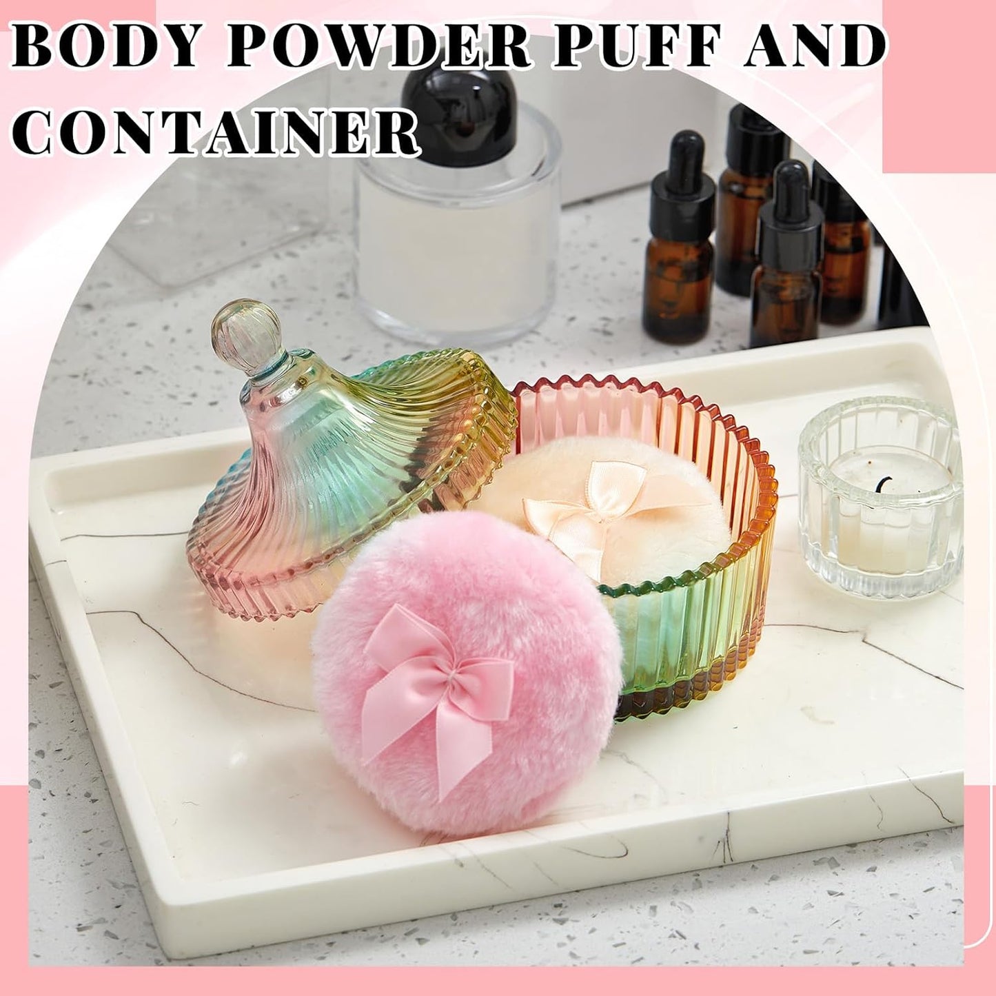Tioncy 3 Pcs Large Body Powder Puff and Container Powder Container with Puff Crystal Case Soft Washable Reusable Velour Face Body Glitter Wet Dry Makeup(Simple,Colorful)