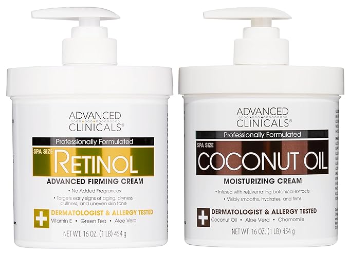 Advanced Clinicals Unscented Retinol Body Lotion & Face Moisturizer + Coconut Oil Body Cream For Women & Men | 2PC Skincare Set Helps Reduce Appearance Of Crepey Skin + Irritated Dry Skin, 2pc Set