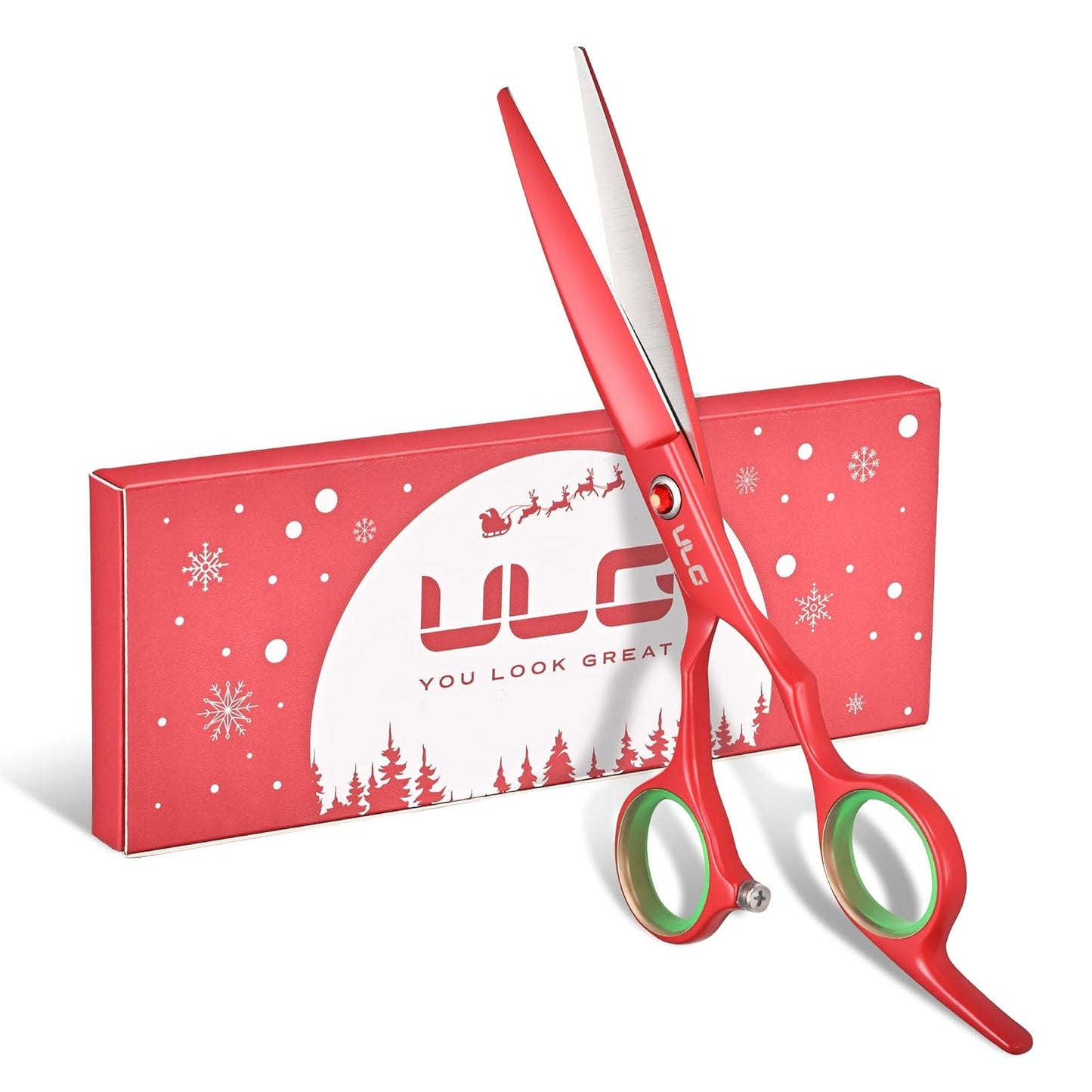 ULG 6.5” Hair Cutting Scissors, Professional Japanese Stainless Steel, Razor Sharp Barber Shears with Ergonomic Offset Handles, Lightweight and Durable for Stylist & Home Use, Christmas Red Edition