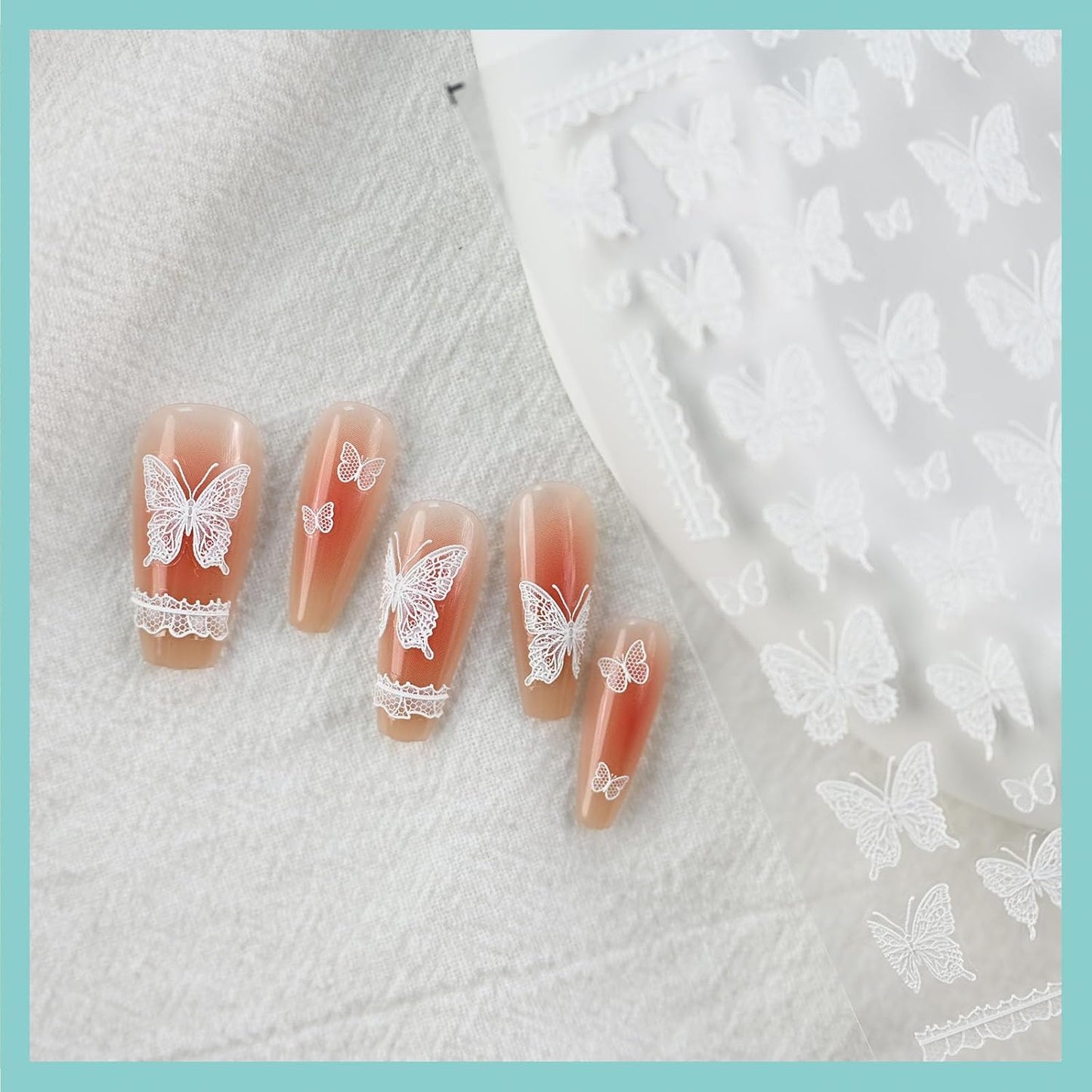 Lace Butterfly Nail Art Stickers, Embossed Nail Decals,Self-Adhesive, White Nail Accessories for Women, Nail Decorations