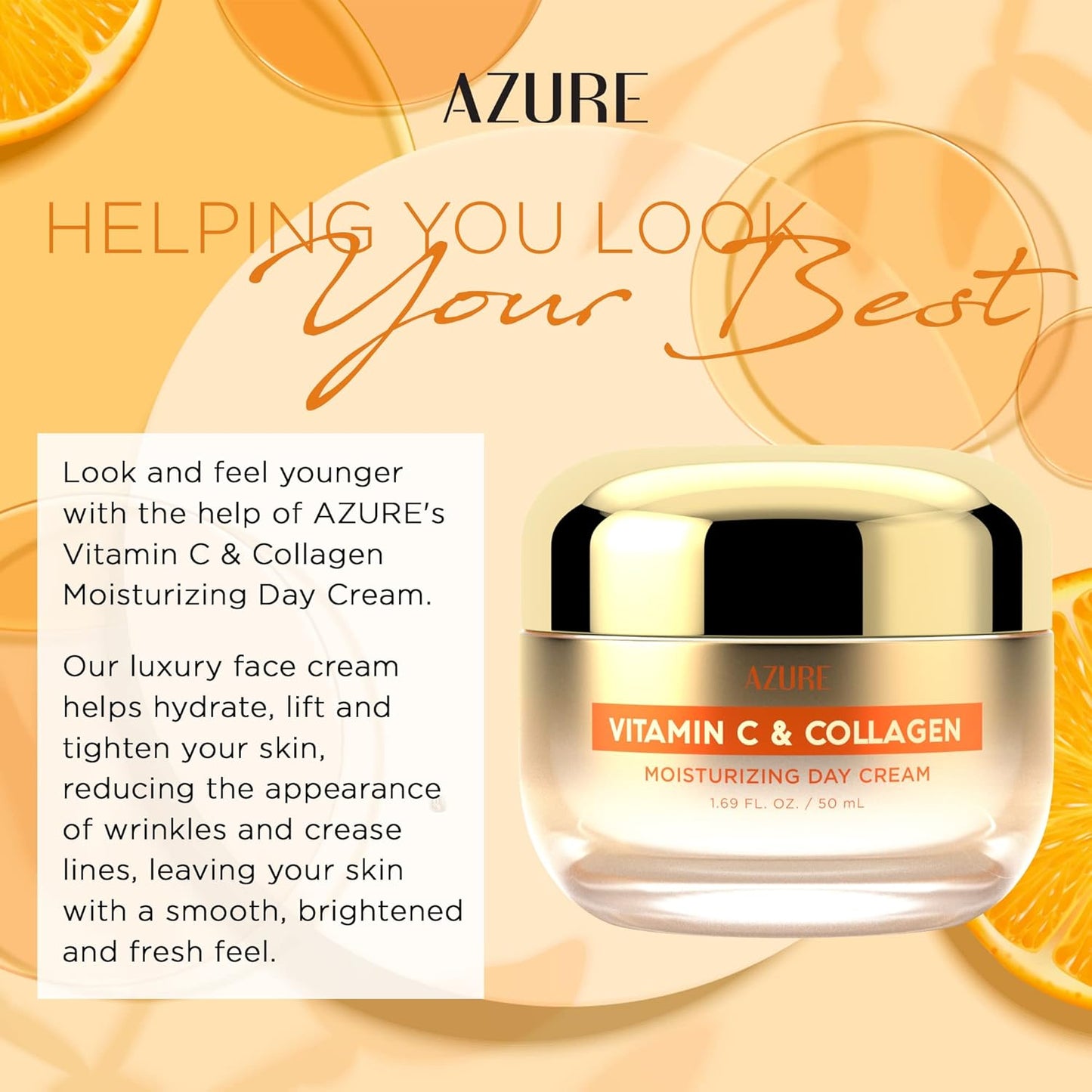Azure Cosmetics Vitamin C & Collagen Face Moisturizer - Dermatologist Tested, Anti-Aging, Skin Tightening & Brightening, Clean, Cruelty-Free Face Cream - Korean Skin Care - All Skin Types - 1.69 fl oz