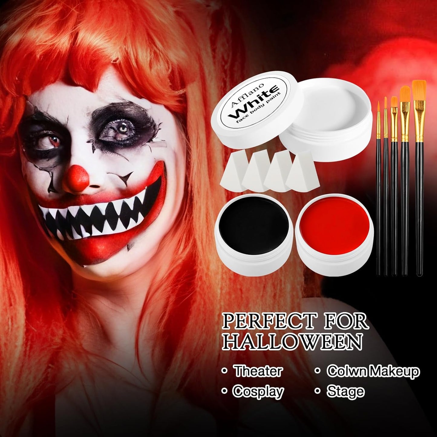 Black White Red Face Paint Kit – Large 50g Oil-Based Grease Makeup Set with Remover Balm, 5 Brushes & 4 Sponges – Waterproof, Full Coverage Halloween, Cosplay & Stage SFX Makeup