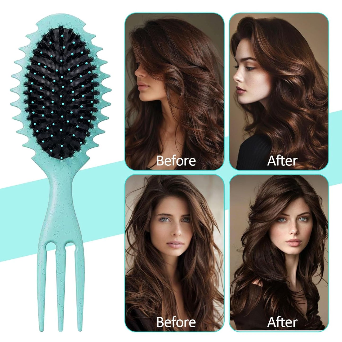 Curly Hair Boar Bristle Curl Defining Brush for Wave Straight Hair, Unique Trident Handle Design Defineing Brush for Wet Dry Hairs Styling Massage Hairbrush Hairs Pick Comb Green