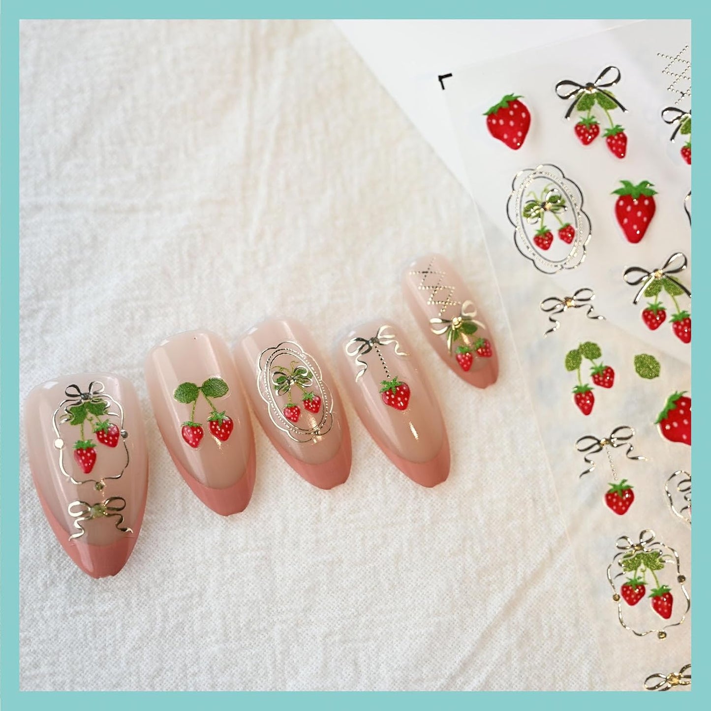 Strawberry Bow Nail Art Stickers, Embossed Fruit Nail Decals, Self-Adhesive, Summer Spring Accessories for Women, Nail Decorations