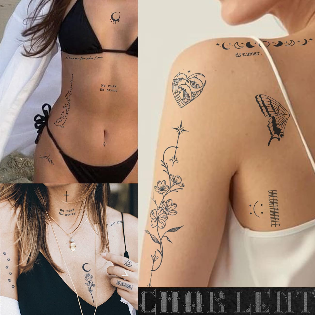 CHARLNET Semi-Permanent Tattoos for Adult - 2 Weeks Long Last Small Flower Words Tattoos for Women Men Hand Neck Body/Fades Naturally/No Reflection/Waterproof/Realistic, Minimal Line Art