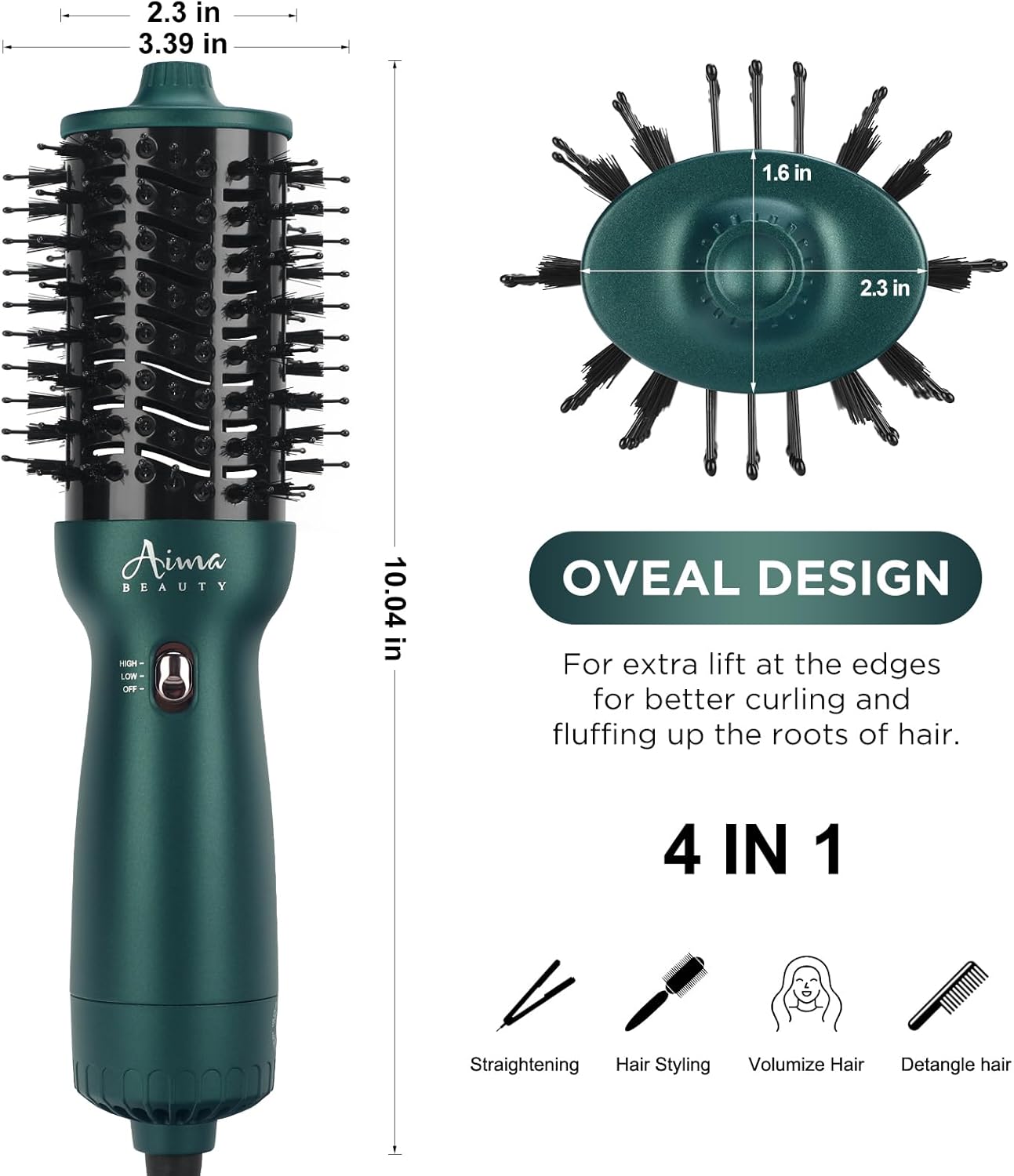Aima Beauty Hair Dryer Brush Dual Voltage Worldwide Travel Blow Dryer Brush Hot Air Brush Oval Barrel 110-120V/220-240V 360°Airflow,Negative Ionic Frizz-Free Dry/Straightening/Voluming, Dark Green