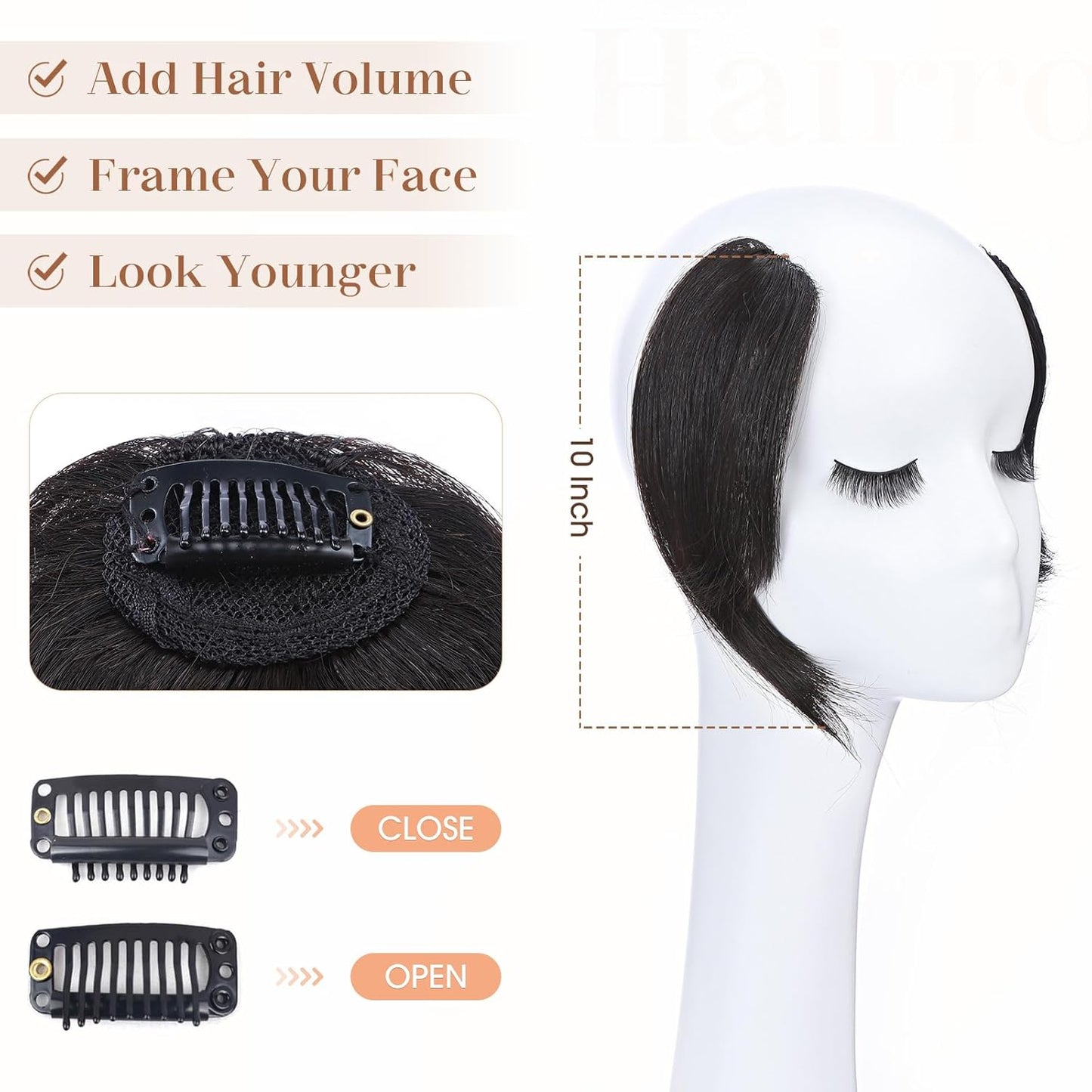 Hairro Clip in Wave Side Bangs Extensions, 100% Human Hair 2 PCS Clip on Middle Part French Bangs Thin Sides Swept Fringe Hairpieces