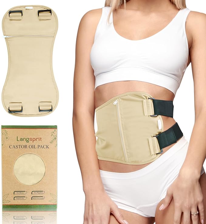 Langsprit Organic Cotton Castor Oil Pack Wrap - Reusable Castor Oil Pads Pack Compress for Liver & Stomach Detox - Beige