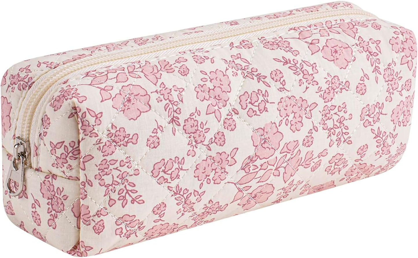 Cute Floral Cotton Makeup Brush Cosmetic Bag for Women, Travel Quilted Zipper Make Up Bag, Flowers Toiletry Organizer Case Kawaii Makeup Cosmetic Travel Cloth Pouch (Big Pink Floral)