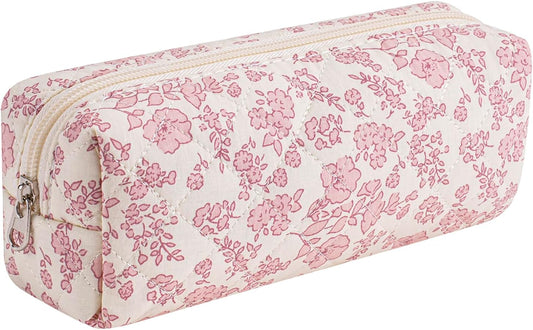 Cute Floral Cotton Makeup Brush Cosmetic Bag for Women, Travel Quilted Zipper Make Up Bag, Flowers Toiletry Organizer Case Kawaii Makeup Cosmetic Travel Cloth Pouch (Big Pink Floral)