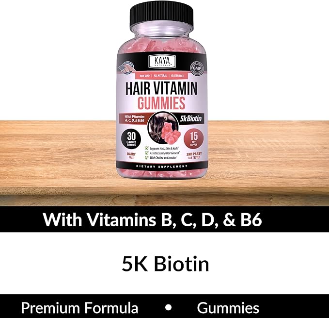Kaya Naturals Hair Growth Gummies - Biotin 5000mcg Vitamins for Healthy Hair, Skin, and Nails - Beauty Supplement for Women or Men - 30 Count - Blueberry Flavor
