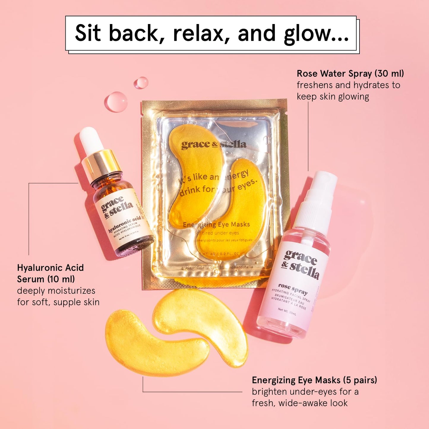 grace & stella Award-Winning Skin Care Set - Stocking Stuffers, Christmas Gifts for Women - Travel Essentials with Gold Eye Masks, Hyaluronic Acid Serum & Rose Spray - Birthday & Bachelorette Favors