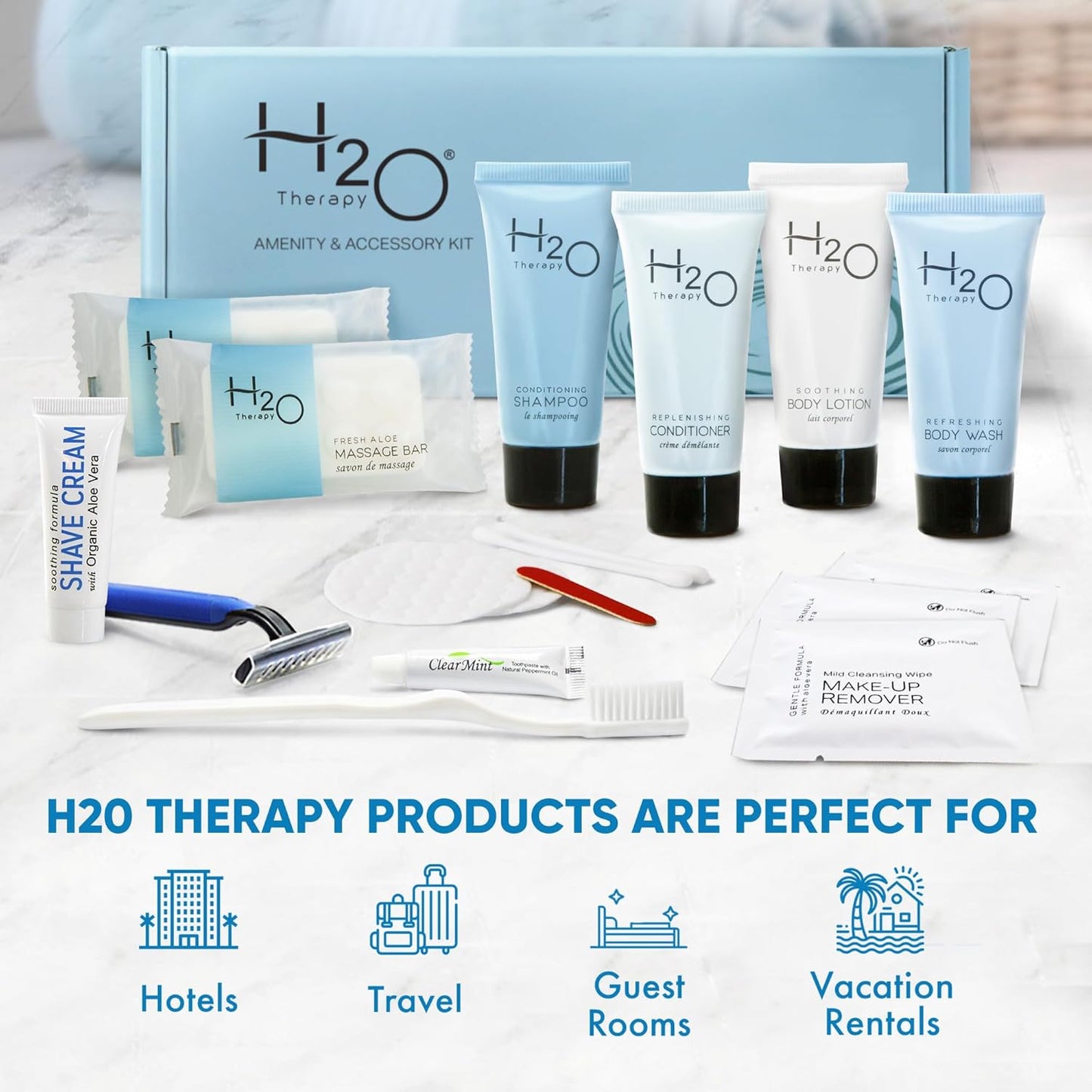 H2O Therapy Amenity & Accessory Kit | 0.85 oz Travel Size Shampoo, Conditioner, Lotion, Body Wash, Massage Bar, Cleansing Bar, Shave & Dental Sets, Make-Up Remover Wipes, & Vanity Kit | 15 sets/case