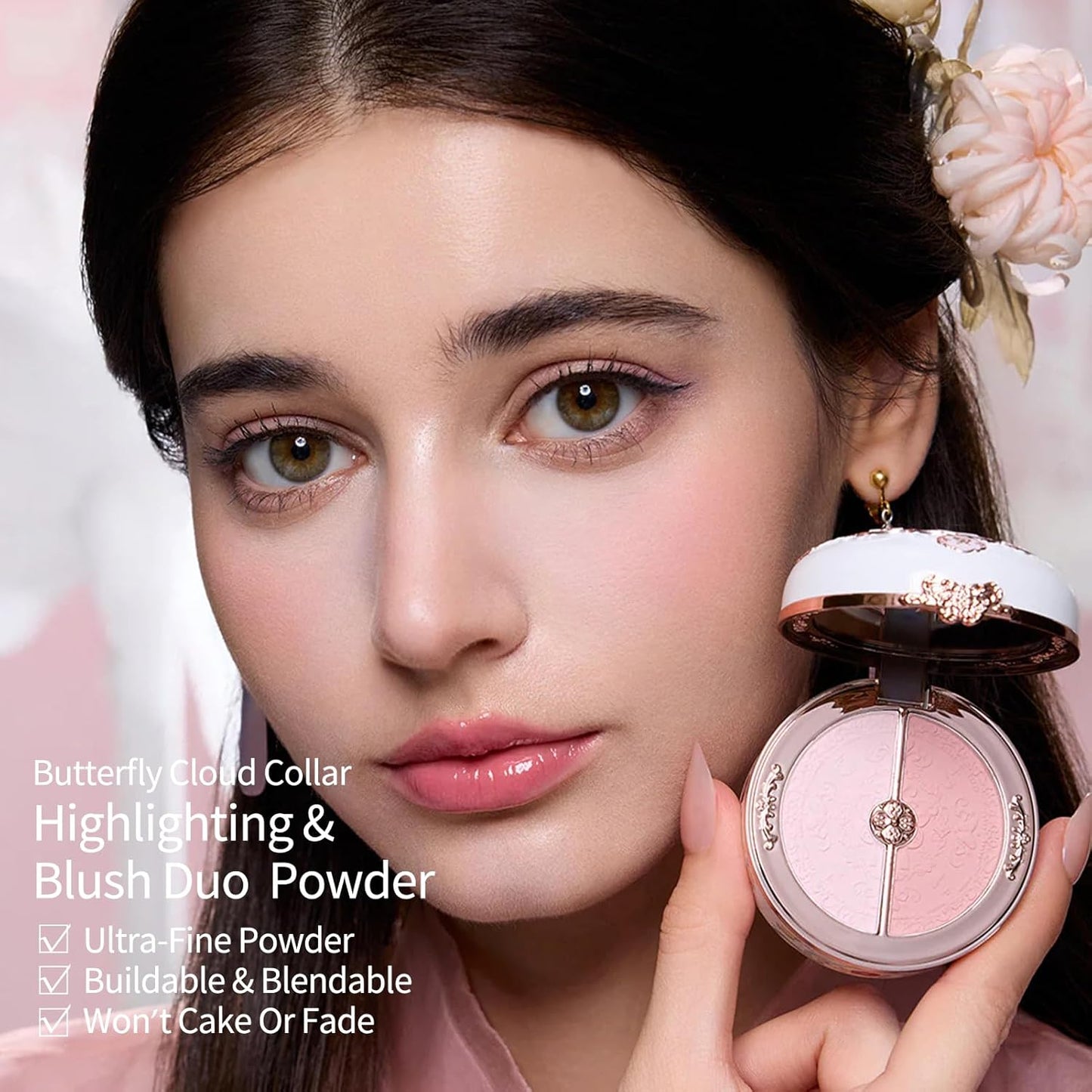 Flower Knows Butterfly Cloud Collar Rouge Box Highlighting & Blush Duo Powder,Nude+Peach Matte Finish Blush & Highlighter Palette,Buildable & Blendable Makeup for cheeks(01 Rouge Snow)