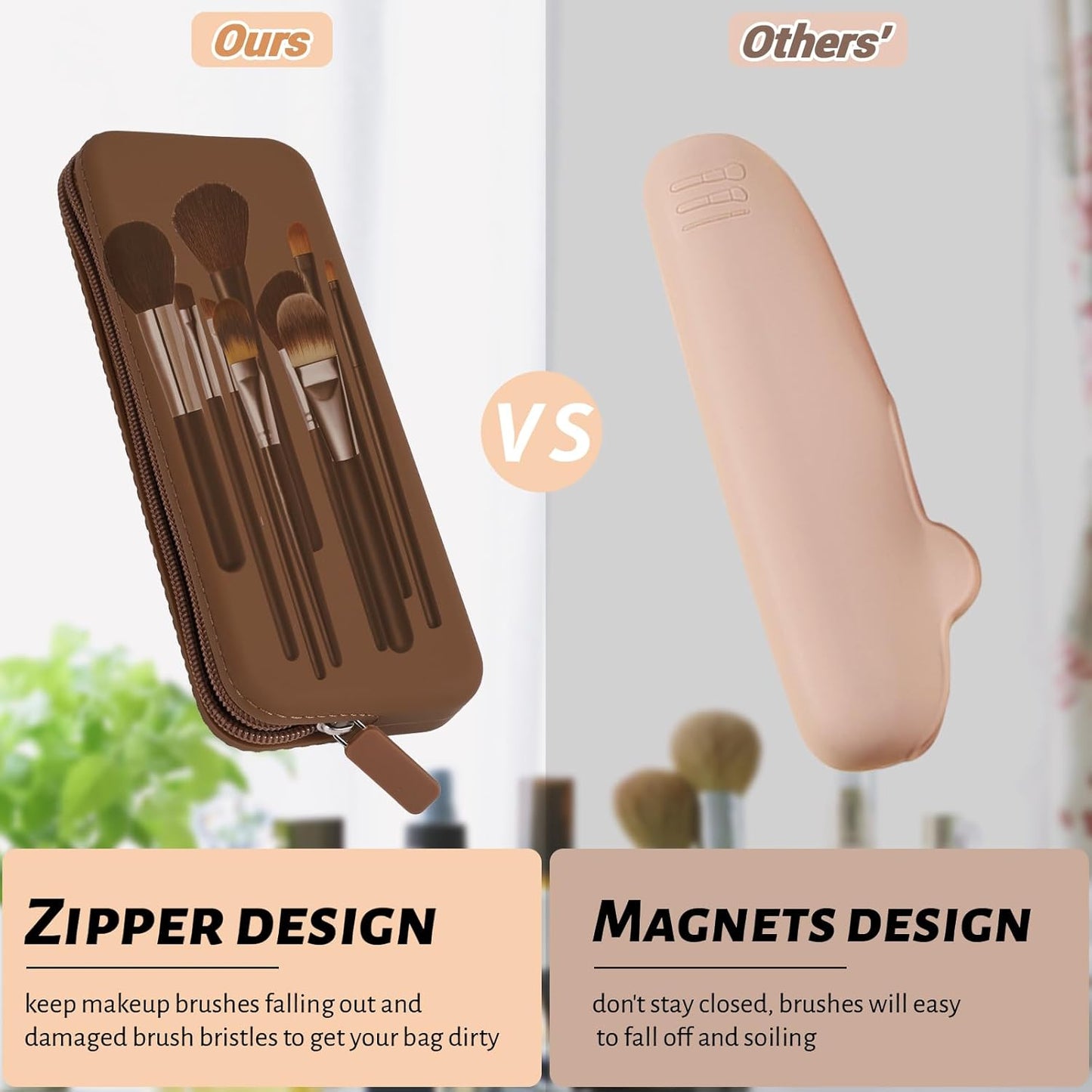 Sakolla Travel Makeup Brush Holder, Silicone Makeup Brush Bag with Zipper Closure, Makeup Brushes Organizer Case Washable Makeup Pouch Holder Case for Daily, Work, Essentials (Brown)