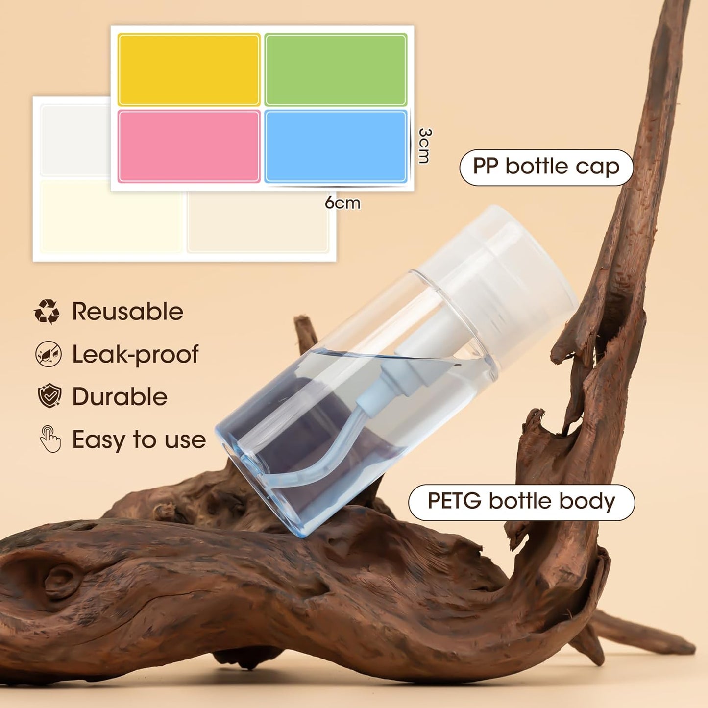 3 Pack Push Down Pump Dispenser,Clear Push Top Empty Bottles with DIY Stickers for Alcohol,Nail Polish,Makeup Remover,Toner (150ml-2pcs)