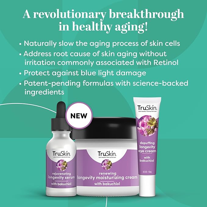 TruSkin Longevity Moisturizing Cream – Revolutionary Face Moisturizer with Bakuchiol & Snow Algae – Healthy Aging Gentle Retinol Alternative, Firmer-Looking Skin, 2 fl oz