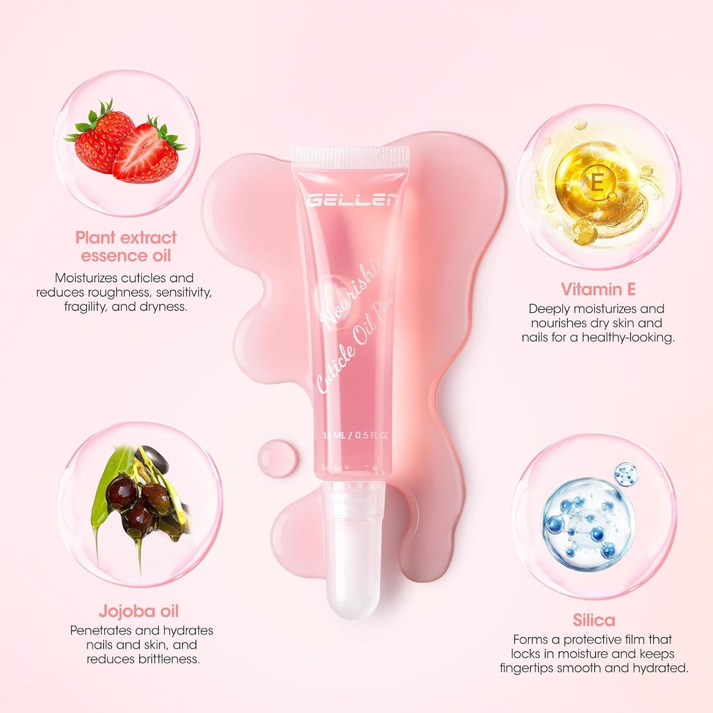 Gellen Cuticle Oil, Nourishing Nail Growth Oil Pen | Rich with Jojoba Oil & VE Soften Cuticles Strengthen Healthier-Looking Nails, Brush Applicator, Pro Care for Nails & Dry Hands, Strawberry Scent