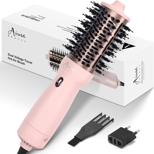 Aima Beauty Worldwide Travel Hair Dryer Brush 110V-240V Dual Voltage Blow Dryer Brush Hot Air Brush with Oval Barrel 360° Hot Airflow, Negative Ionic Frizz-Free Drying/Straightening/Voluming, Pink