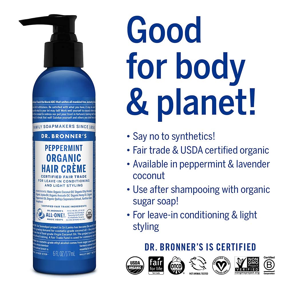 Dr. Bronner's Organic Hair Crème Leave-In Conditioner Styling Cream Anti Frizz Hair Product for Women & Men Hair Cream USDA Organic, Cruelty Free, Lavender Coconut & Peppermint - 6oz 2 Pack